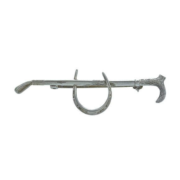 Vintage Sterling Silver 925 Riding Crop Cane Horseshoe Pin Brooch - Picture 1 of 8